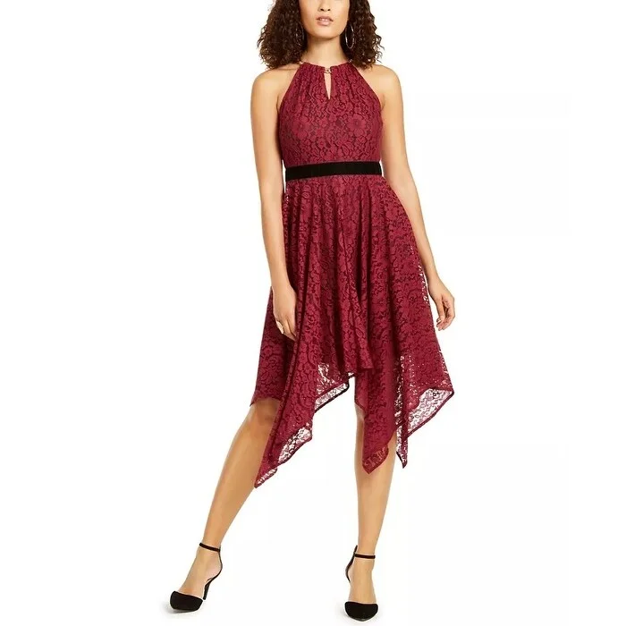 Women's Casual Breezy Dresses-Thalia Sodi Women's Chain-Neck Lace Dress Dark Red Size X-Large