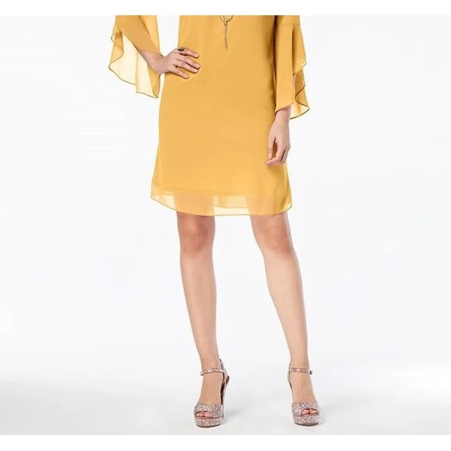 Women's Casual Embroidered Dresses-Thalia Sodi Women's Flared-Sleeve Necklace Dress Dark Yellow Size Medium