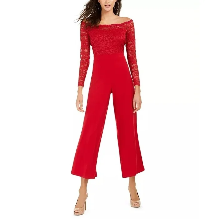 Women's Casual Comfortable Dresses-Thalia Sodi Women's Off The Shoulder Lace Jumpsuit Red Size Medium