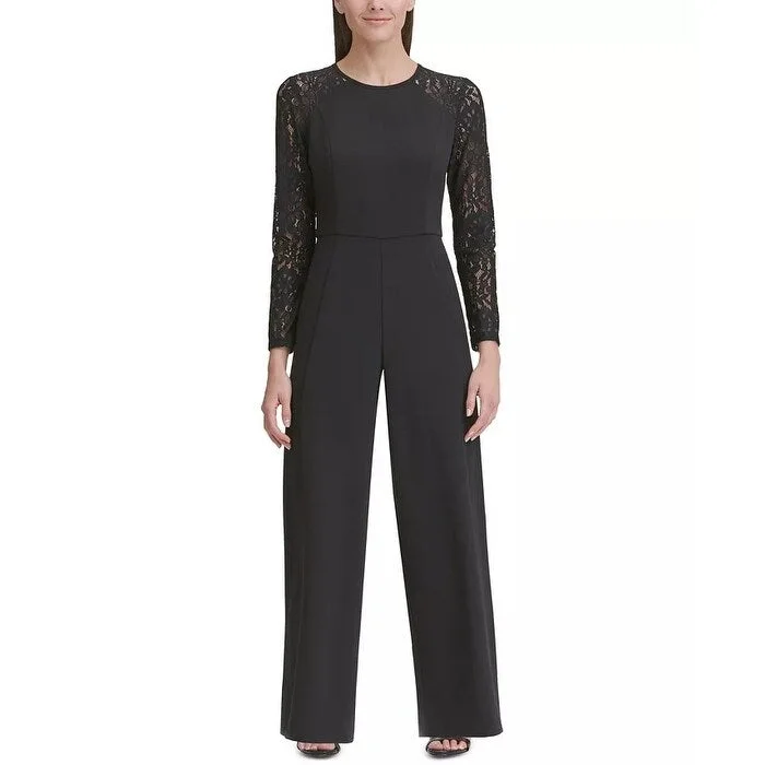 Women's Casual Shift Floral Dresses-Tommy Hilfiger Women's Lace Sleeve Jumpsuit Black Size 14