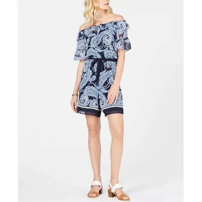 Women's Casual Lounge Floral Dresses-Tommy Hilfiger Women's Paisley Off-The-Shoulder Romper Navy Size 10