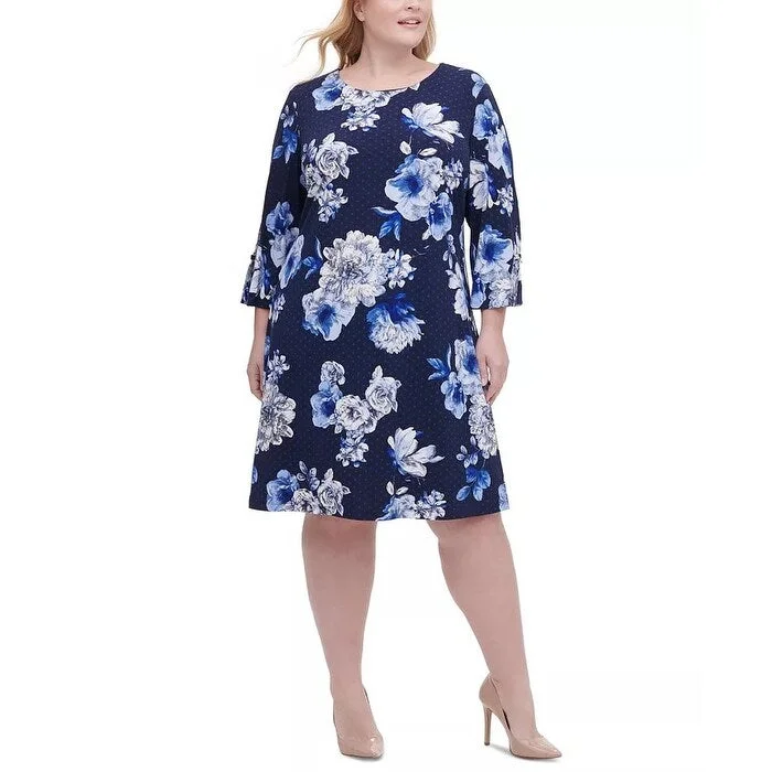 Women's Casual Tiered Dresses-Tommy Hilfiger Women's Plus Size Floral-Print Grommet-Sleeve Dress Blue Size 20W