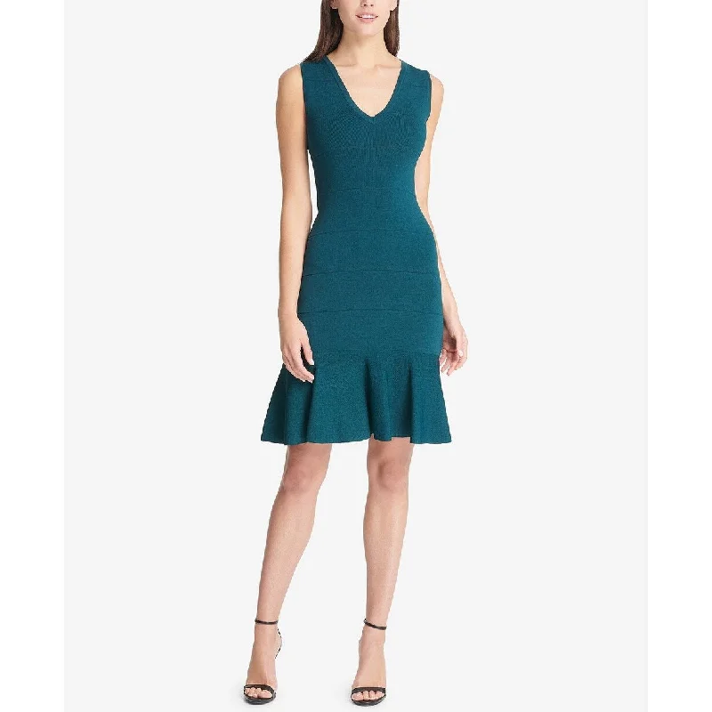 Women's Casual Travel Solid Color Dresses-Vince Camuto Women's V-Neck Flounce Dress Green Size Medium