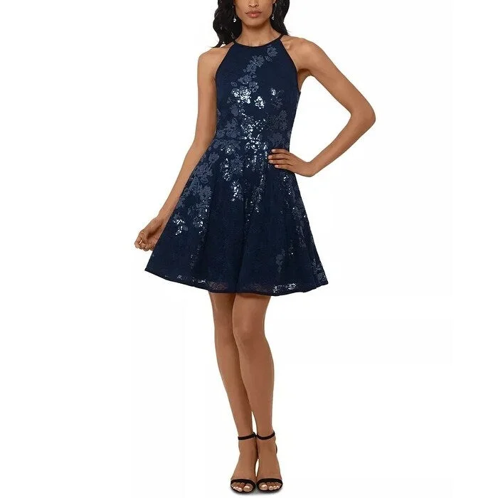 Women's Casual Party Floral Dresses-Xscape Women's Floral Sequin Lace Skater Dress Size Blue Size 6