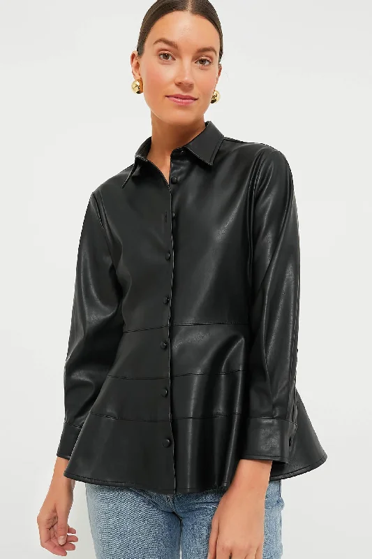 cool shirts for youth-Blouses and shirts with tie sleeves -Women's Butterfly Sleeve Blouses-Black Leather Ashlen Blouse