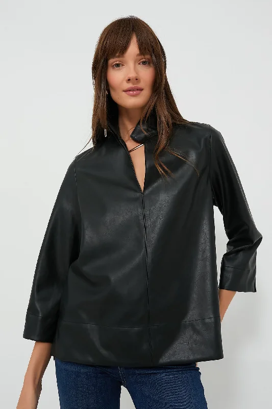 slim fit shirts-Blouses and shirts for winter parties -Women's Keyhole Blouses-Black Leather Margot Top