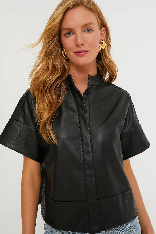 teal blouses for women-Blouses and shirts with floral sleeves -Women's Keyhole Shirts-Black Leather Trapunto Stitch Sofia Shirt