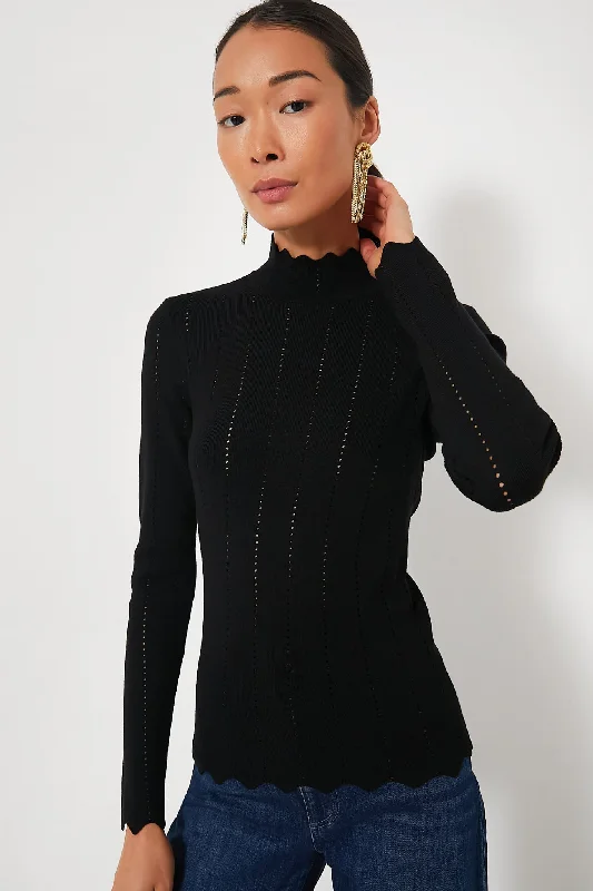 fitted blouses for work-Blouses and shirts for spring events -Women's Drawstring Blouses-Black Pointelle Candice Knit Turtleneck