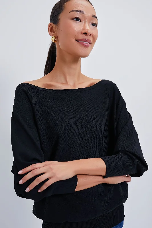 lined shirts-Blouses and shirts with split hem -Women's Boho Shirts-Black Wide Neck Valencia Sweater