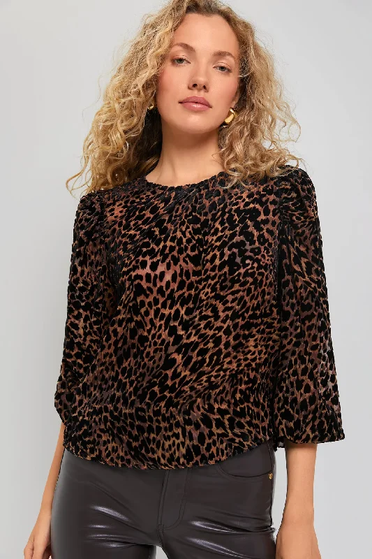 soft blouses for evening-Blouses and shirts with sheer neckline -Women's Wrap Blouses-Leopard Velvet Burnout Carmen Blouse