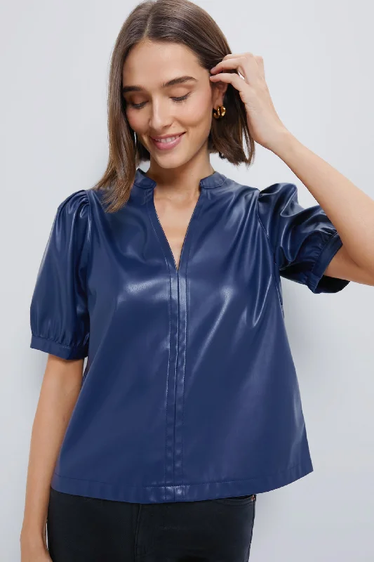 lemon blouses for summer-Blouses and shirts for summer parties -Women's Balloon Sleeve Blouses-Navy Faux Leather Min Top