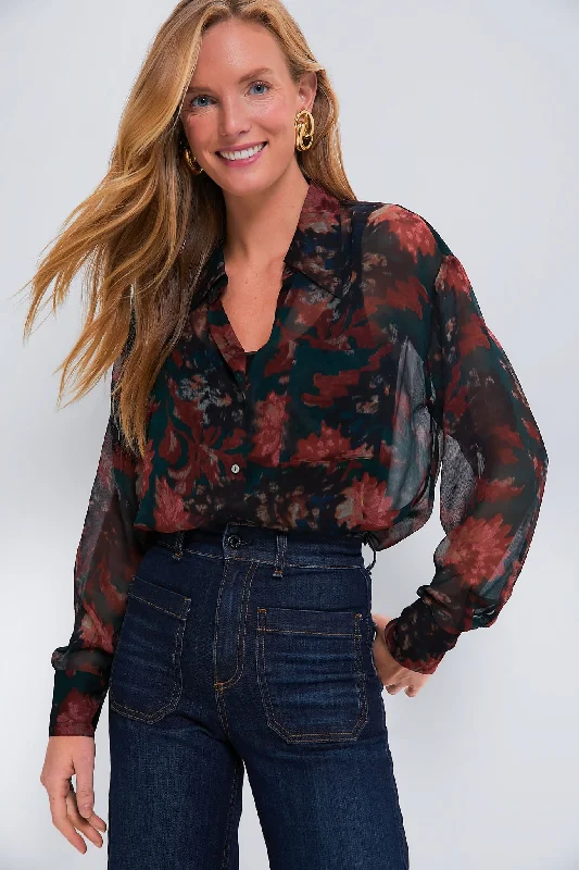 trim blouses for work-Blouses and shirts with ruffle neckline -Women's Wrap Tops-Persimmon Floral Sheer Alysse Blouse