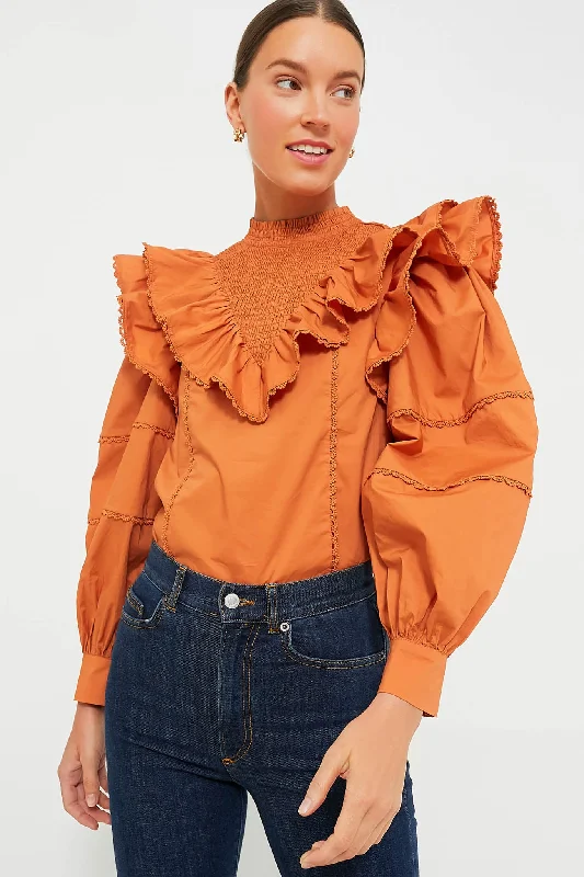 sharp shirts for office-Blouses and shirts with ruched sleeves -Women's Bell Sleeve Blouses-Persimmon Ruffle Parker Blouse