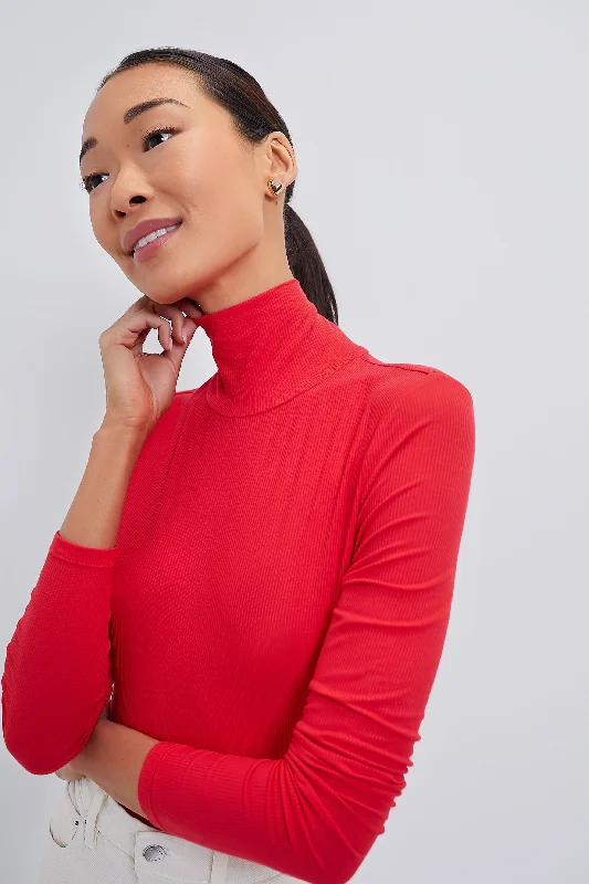 pressed shirts for work-Blouses and shirts with mesh neckline -Women's Bow Tie Blouses-Red Lightweight Ribbed Turtleneck