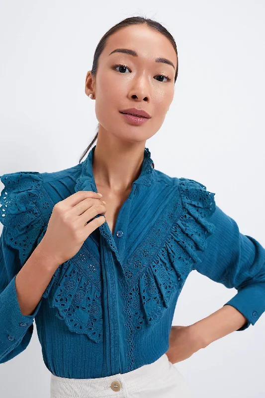 comfy shirts for sports-Blouses and shirts with tie neckline -Women's Backless Blouses-Teal Eyelet Tatum Blouse