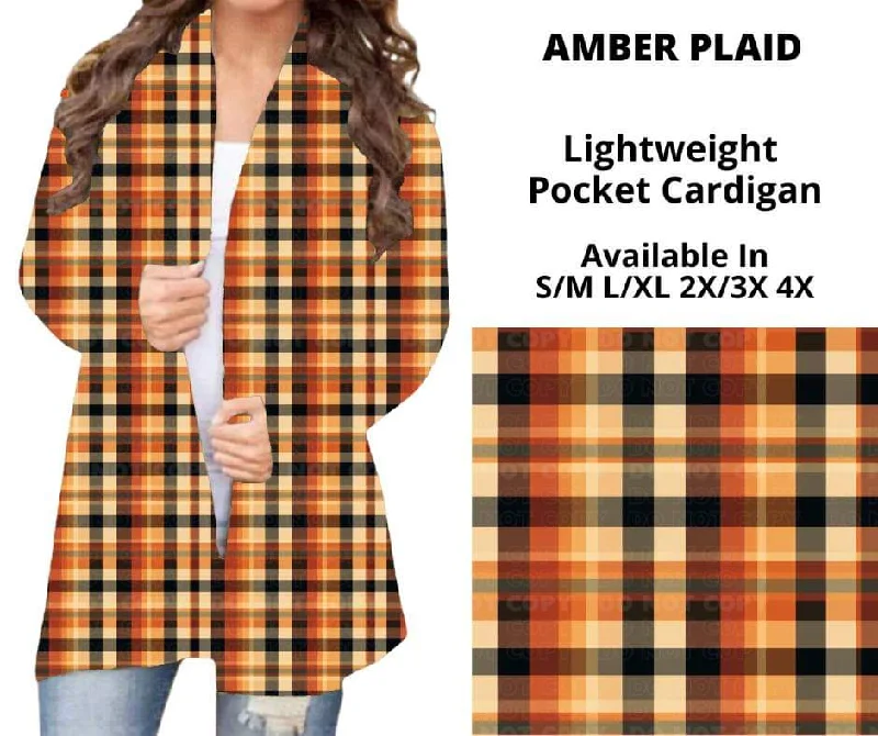 Acrylic blue cardigan for budget-Women's Thermal Pleated Cardigans-Amber Plaid Pocket Cardigan