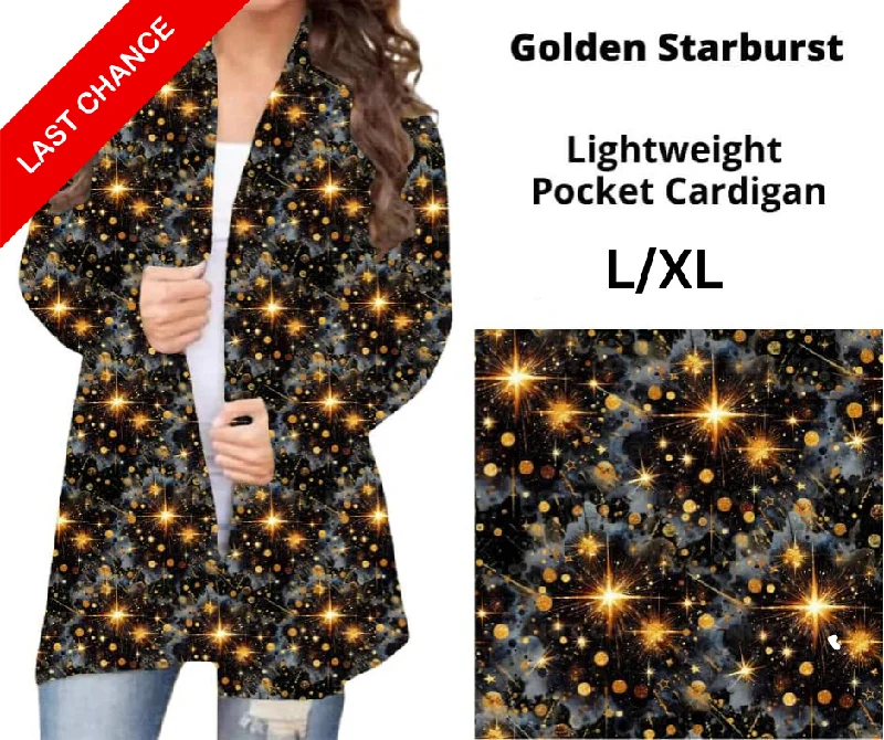 Green oversized cardigan for men-Women's Satin Denim Cardigans-Golden Starburst Pocket Cardigan