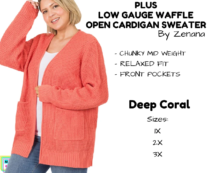 Beige cable-knit cardigan for texture-Women's Textured Pencil Cardigans-PLUS Low Gauge Waffle Open Cardigan Sweater - Deep Coral