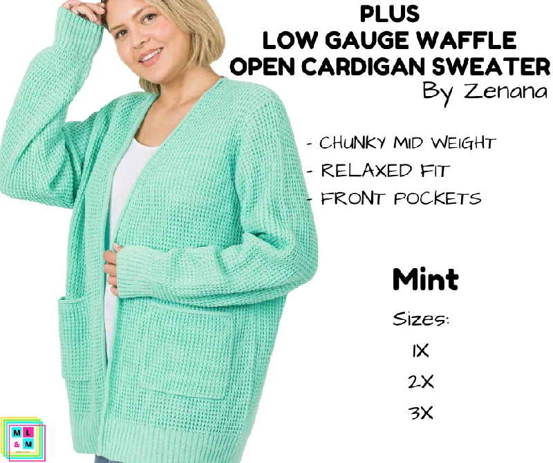 Blue open-front cardigan for ease-Women's Textured Denim Cardigans-PLUS Low Gauge Waffle Open Cardigan Sweater - Mint