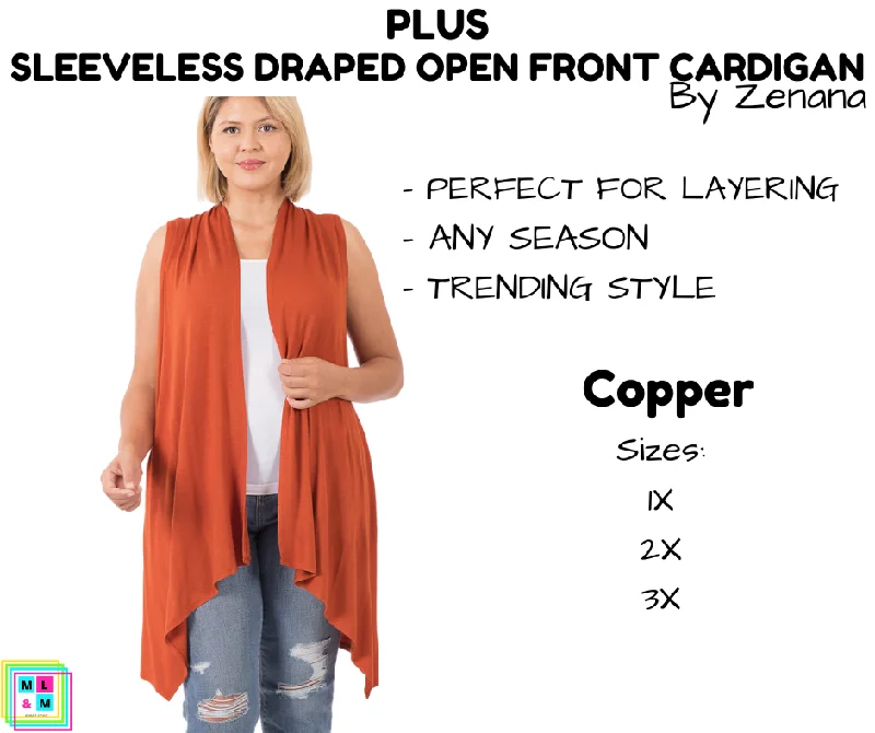 Women's Solid Color Cardigans-PLUS Sleeveless Draped Open Front Cardigan - Copper