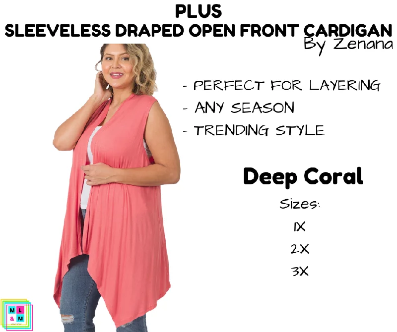 Crew-neck chunky cardigan for style-Women's Soft Cardigans-PLUS Sleeveless Draped Open Front Cardigan - Deep Coral