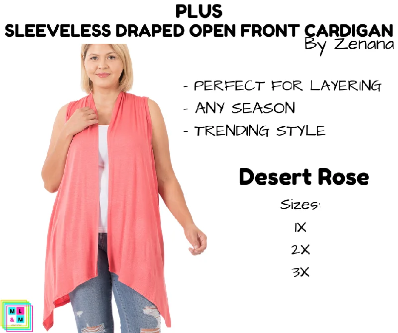 Open-front acrylic cardigan for ease-Women's Slit Floral Cardigans-PLUS Sleeveless Draped Open Front Cardigan - Desert Rose