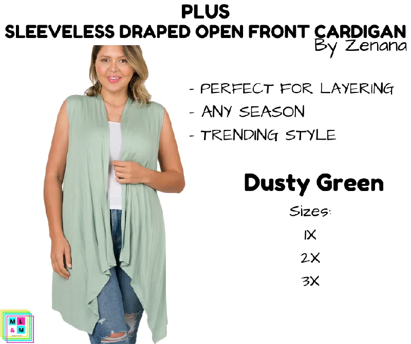 White short cardigan for summer-Women's Tailored Cardigans-PLUS Sleeveless Draped Open Front Cardigan - Dusty Green