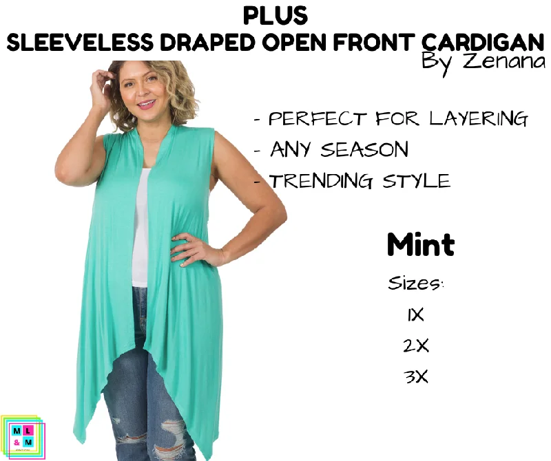 Grey long cardigan for layering-Women's Striped Cardigans-PLUS Sleeveless Draped Open Front Cardigan - Mint