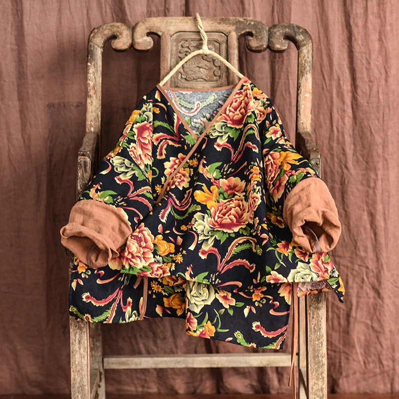 Cotton knit cardigan for summer-Women's Poncho Cardigans-Retro Floral Women Spring Autumn Cotton Cardigans