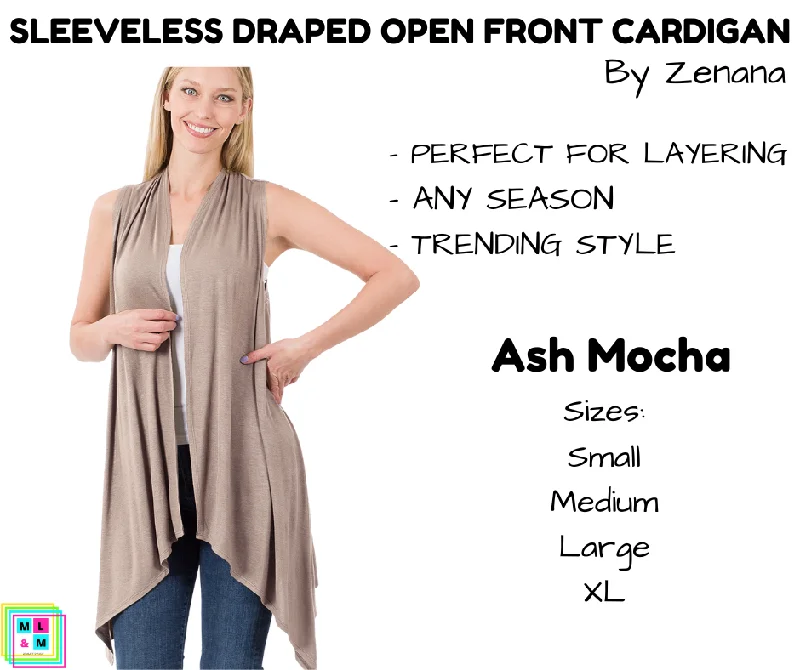 Mohair long cardigan for softness-Women's Shawl Cardigans-Sleeveless Draped Open Front Cardigan - Ash Mocha