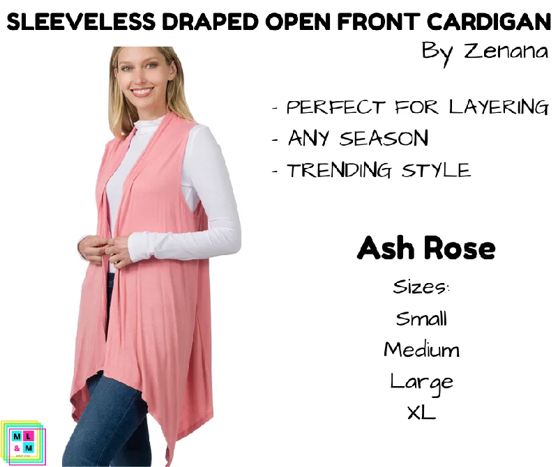 Navy cotton cardigan for men-Women's Shimmer Pencil Cardigans-Sleeveless Draped Open Front Cardigan - Ash Rose