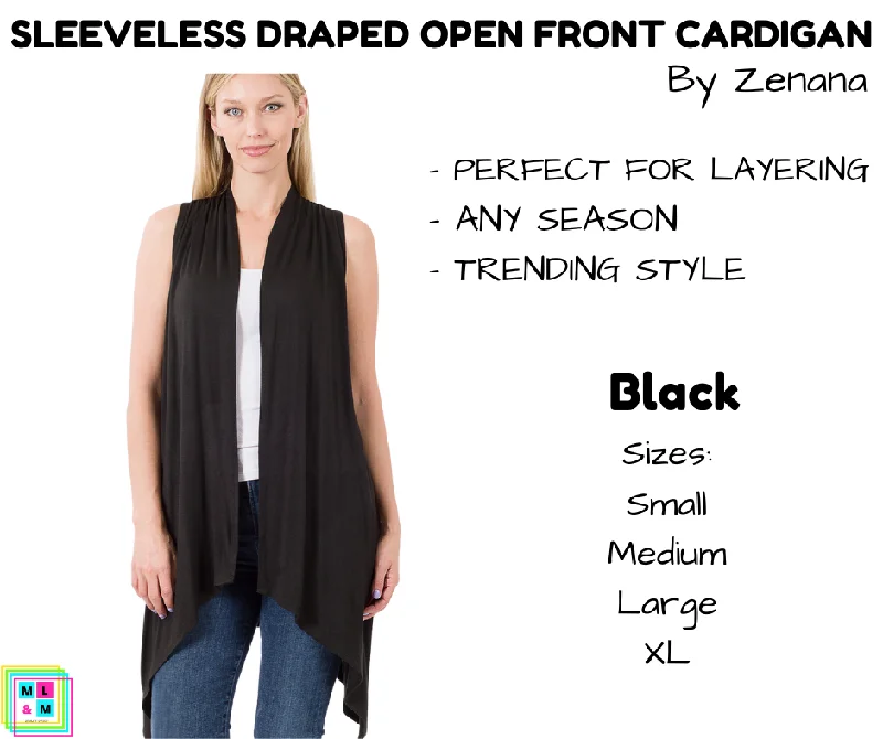 White knit cardigan for spring-Women's Shimmer Ruffle Cardigans-Sleeveless Draped Open Front Cardigan - Black