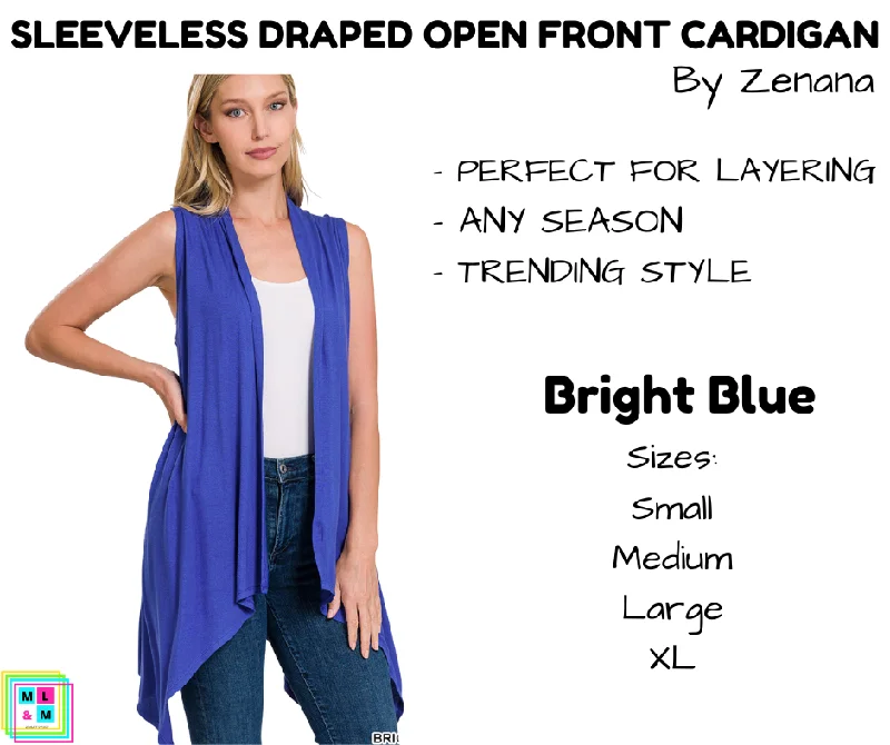 Slim-fit wool cardigan for office-Women's Silk Ruffle Cardigans-Sleeveless Draped Open Front Cardigan - Bright Blue