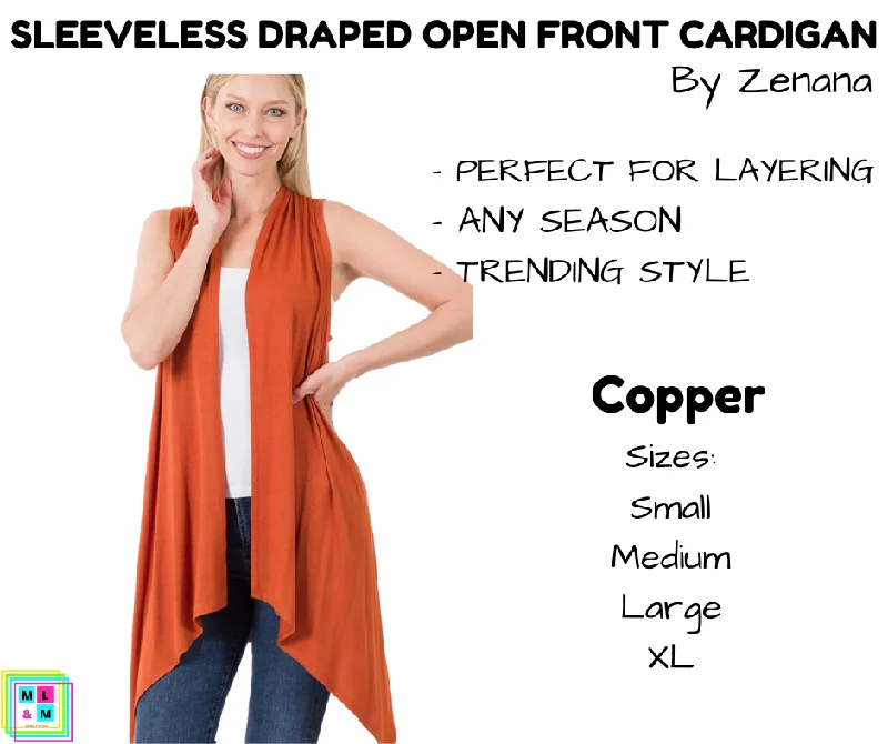 Red linen cardigan for summer-Women's Short Cardigans-Sleeveless Draped Open Front Cardigan - Copper