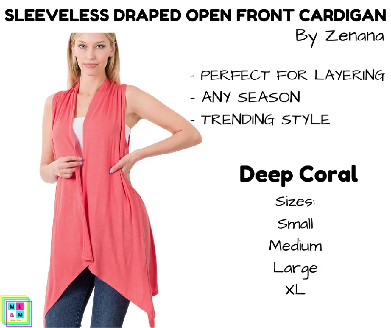 Silk short cardigan for elegance-Women's Shimmer A-Line Cardigans-Sleeveless Draped Open Front Cardigan - Deep Coral