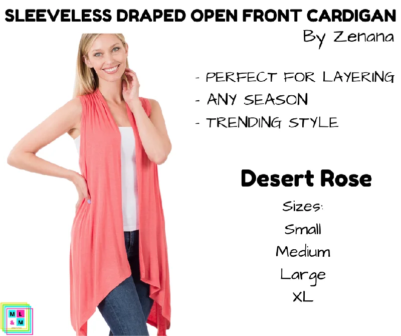 Chunky cropped cardigan for style-Women's Shimmer Denim Cardigans-Sleeveless Draped Open Front Cardigan - Desert Rose