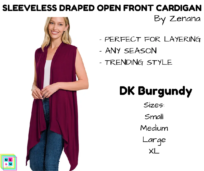 Oversized cotton cardigan for casual-Women's Sleep Cardigans-Sleeveless Draped Open Front Cardigan - DK Burgundy