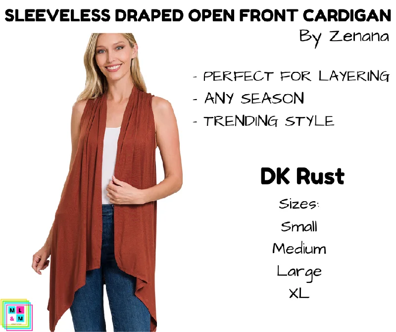 Short knit cardigan for teens-Women's Slit A-Line Cardigans-Sleeveless Draped Open Front Cardigan - DK Rust