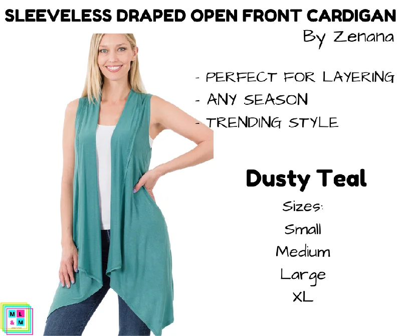 Grey cashmere cardigan for fall-Women's Shimmer Pleated Cardigans-Sleeveless Draped Open Front Cardigan - Dusty Teal