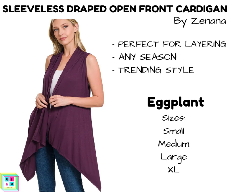 Cable-knit mohair cardigan for texture-Women's Slit Pleated Cardigans-Sleeveless Draped Open Front Cardigan - Eggplant