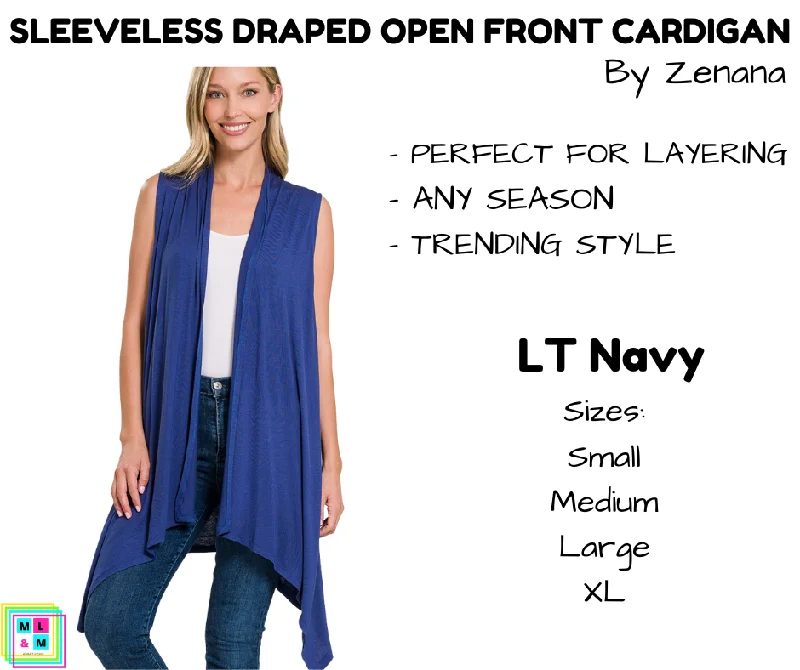 Pink silk cardigan for elegance-Women's Silk Pencil Cardigans-Sleeveless Draped Open Front Cardigan - LT Navy