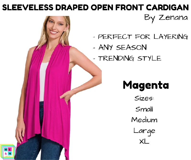 Blue acrylic cardigan for budget-Women's Silk A-Line Cardigans-Sleeveless Draped Open Front Cardigan - Magenta