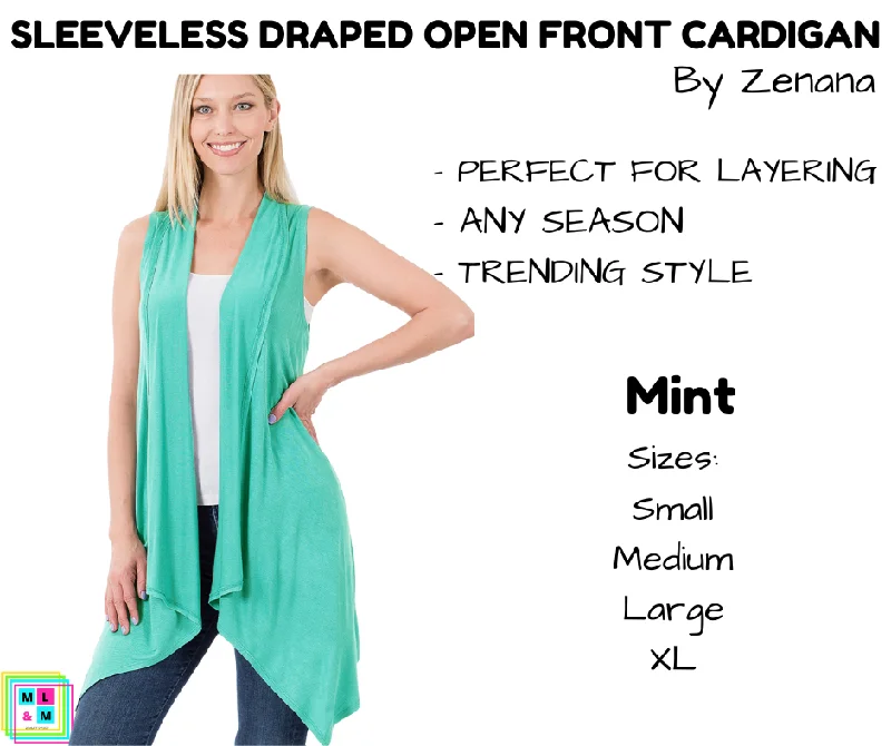 Black wool cardigan for women-Women's Shimmer Floral Cardigans-Sleeveless Draped Open Front Cardigan - Mint