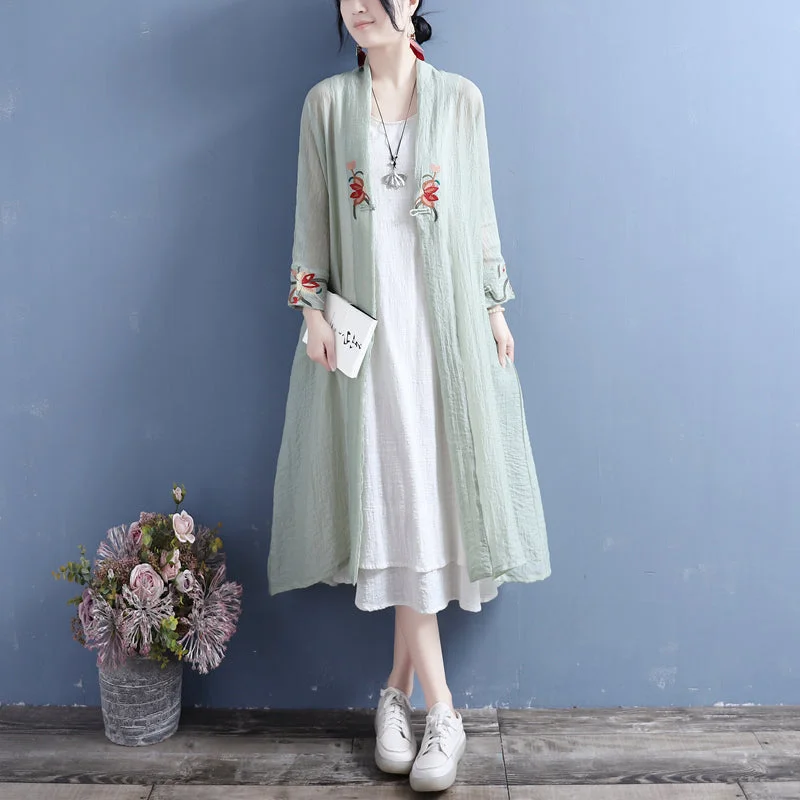 Pink slim-fit cardigan for women-Women's Party Cardigans-Summer Cotton Linen Floral Open Front Long Cardigan