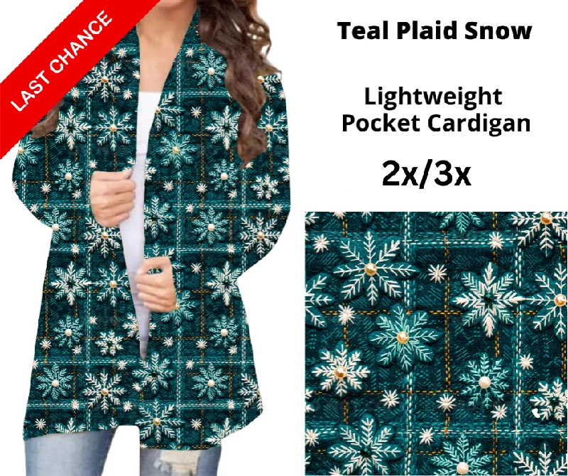 Cashmere cable-knit cardigan for luxe-Women's Sequin Denim Cardigans-Teal Plaid Snow Pocket Cardigan