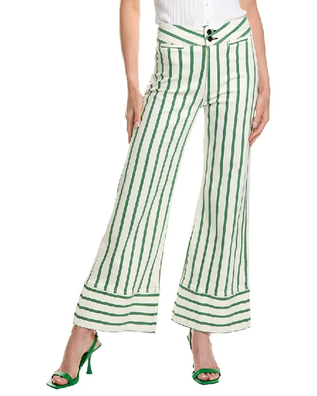 Stylish houndstooth pants-Women's Snap Button Pants-ASKK NY Green Brighton Stripe Wide Leg Jean