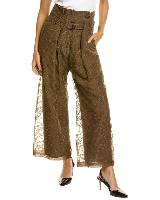 Women's Animal Print Pants-Brunello Cucinelli Embroidered Silk Pant