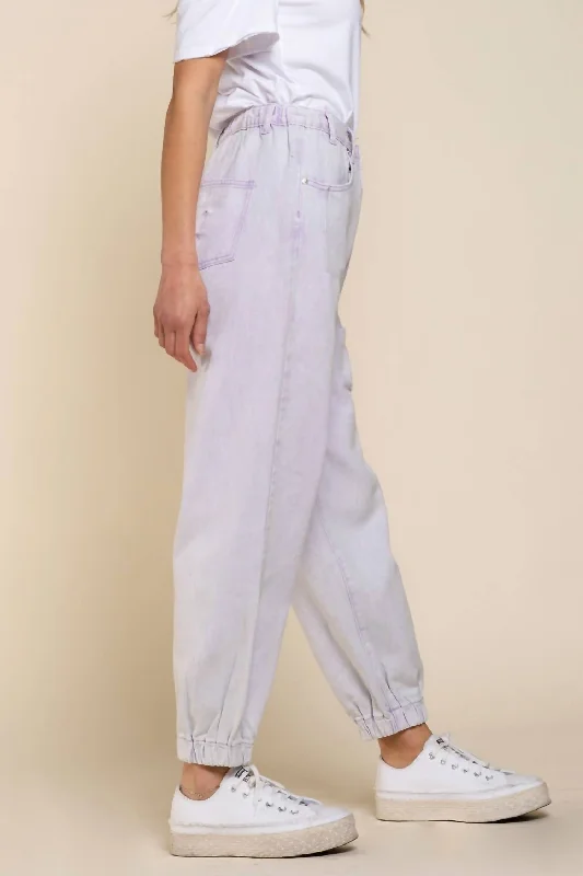 Cozy chenille pants-Women's Bell Bottom Pants-Distressed Twill Belt Waist Back Elastic Joggers In Lavender