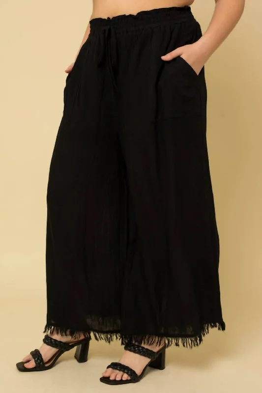 Loose-fit jogger pants-Women's Retro Pants-Fringe Hem Wide Leg Pants In Black