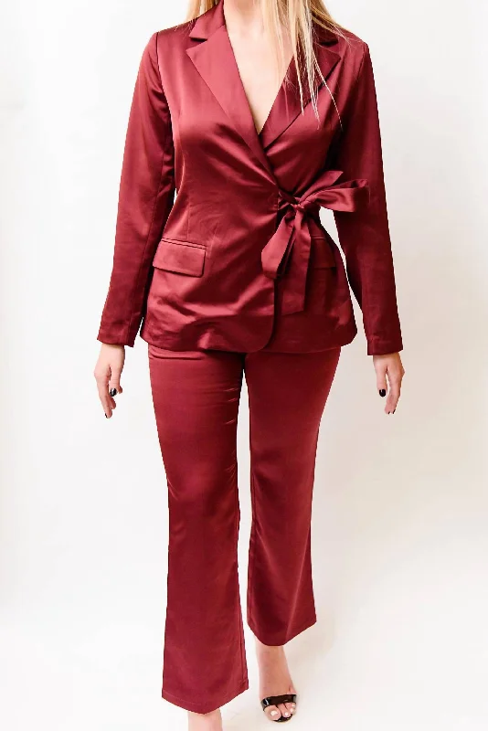 Casual ripped cargo pants-Women's Tie-Waist Pants-Glenda Satin Trouser In Burgundy